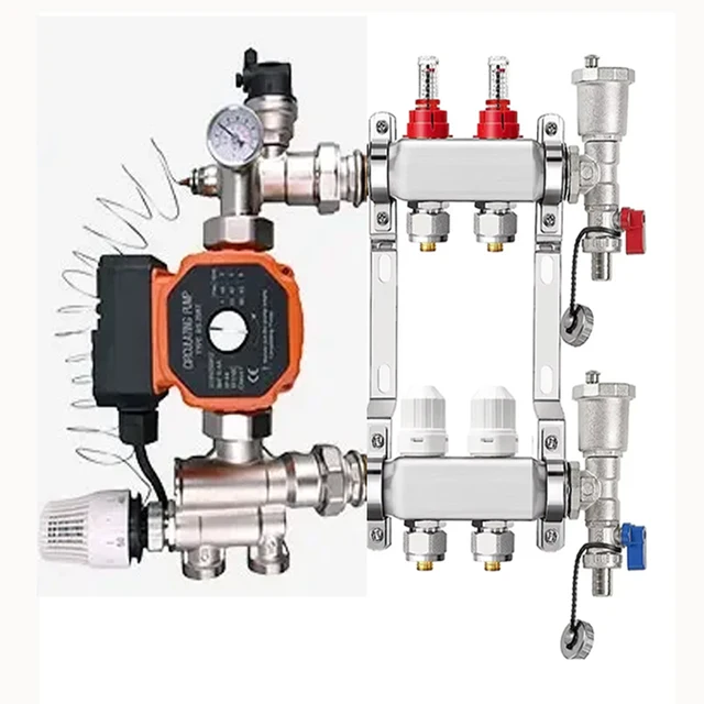 ชุดท่อร่วมความร้อนสแตนเลส DN25 พร้อมมิเตอร์วัดการไหล/ปั๊มน้ำผสม/วงล้อควบคุมแบบเหนี่ยวนำ, อะแดปเตอร์ขนาด 3/4 * Φ 16 มม. เป็นค่าเริ่มต้น 1