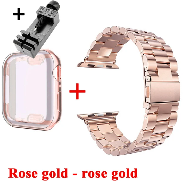 Watch Case+Strap For iWatch Band 38mm 42mm Steel Metal Bracelet For Apple Watch 7 44mm 40mm SE Series 6 5 4 Cover Band 45mm 41mm Rose gold-Rose gold