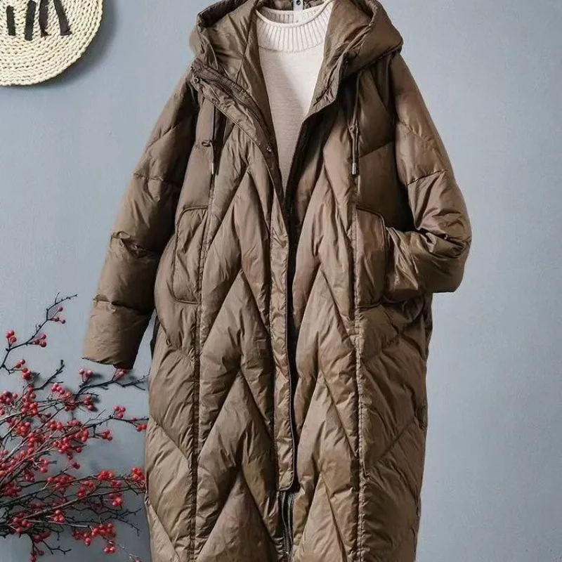 Down Cotton 2025 New Winter Women's Loose and Thick Fitting Hooded Long Over The Knee Cotton Jacket Women Warm Down Cotton Coat