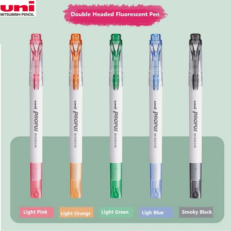 UNI 문구 하이라이터 펜 마커 펜, 포스카 투시 창 5 색 세트, 양면 펜 리필 두께 0.4mm, 4 mm
