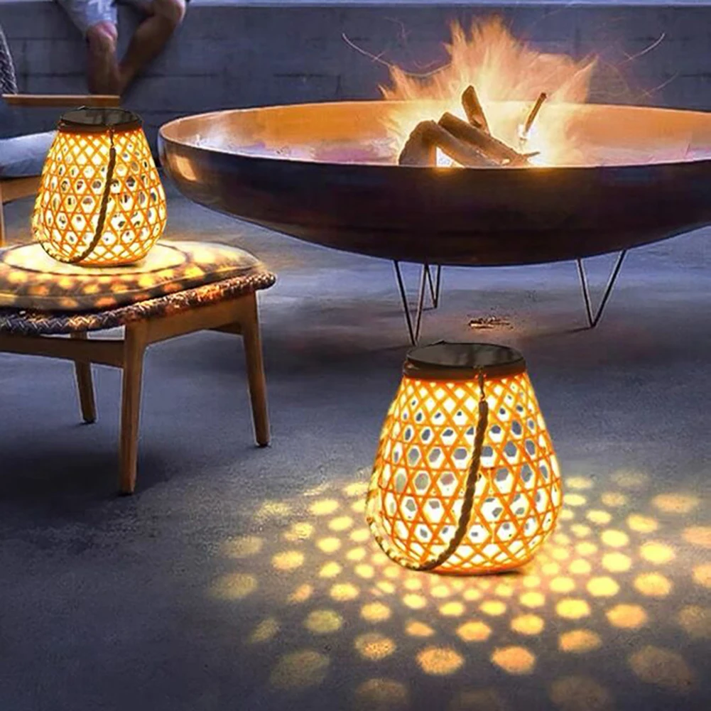 

Outdoor Solar Lantern Lights Waterproof High Brightness Hanging Imitation Bamboo Weaving Hollowed Table Lamp Garden Decoration