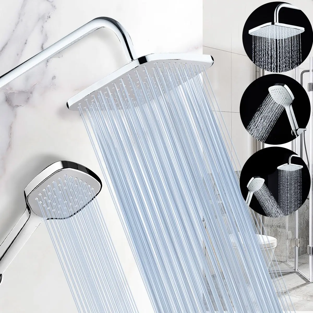 

GEMITTO 2pcs/Set Rainfall Round & Square Shower Head Silver Hand Held Shower Faucet High Pressure Spray Bathroom Accessories