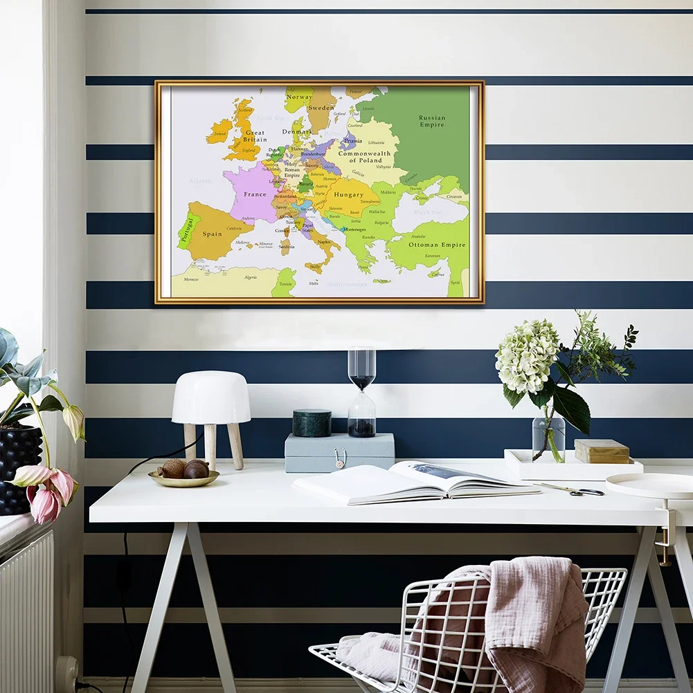 59*42cm The 1700-1850 Europe Map Retro Canvas Painting Wall Art Poster Travel School Supplies Classroom Home Decoration