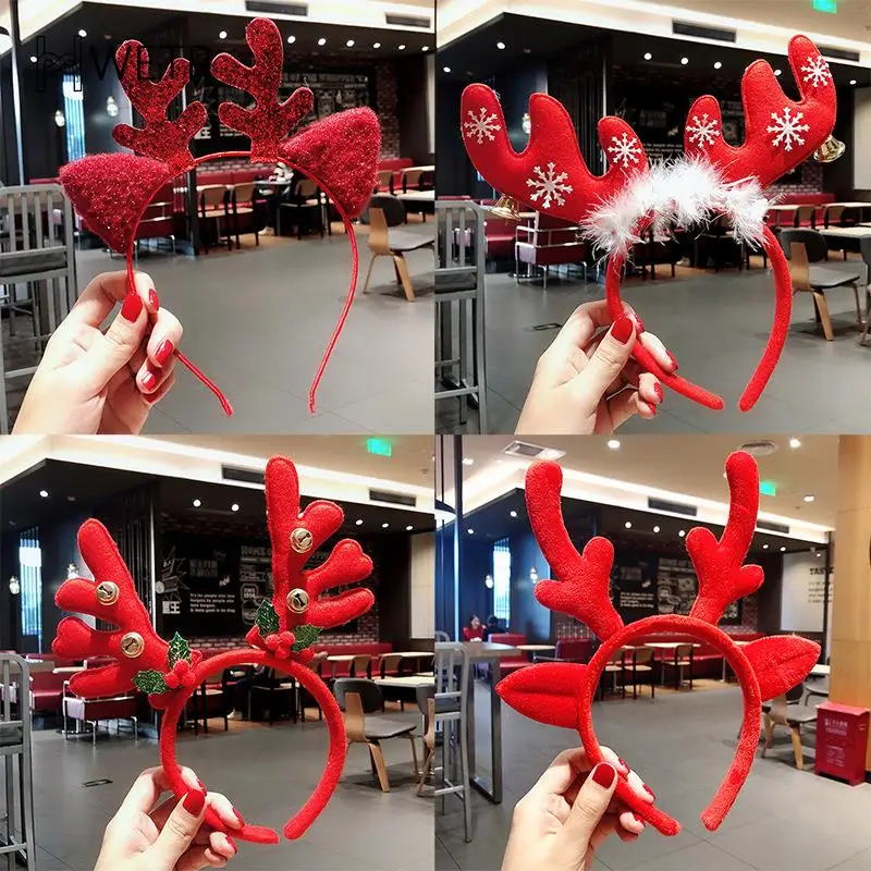 

Christmas Headwear Big Red Antler Snowman Bell Plush Ball Hair Bands For Adults Children Christmas Decorations Hair Hoop Gift