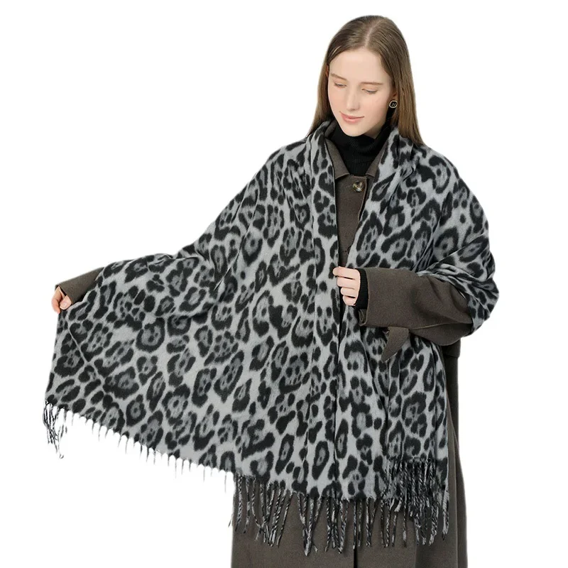 Luxury Leopard Print Cashmere Pashmina Shawl - Winter Warmth Women's Fashion Scarf with Fringe