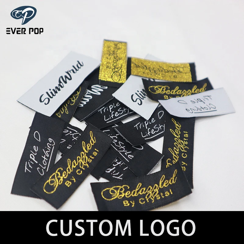woven clothing labels for clothes, bags/women dress/toys scarfs brand name  labels,black background with gold logo,straight cut - AliExpress