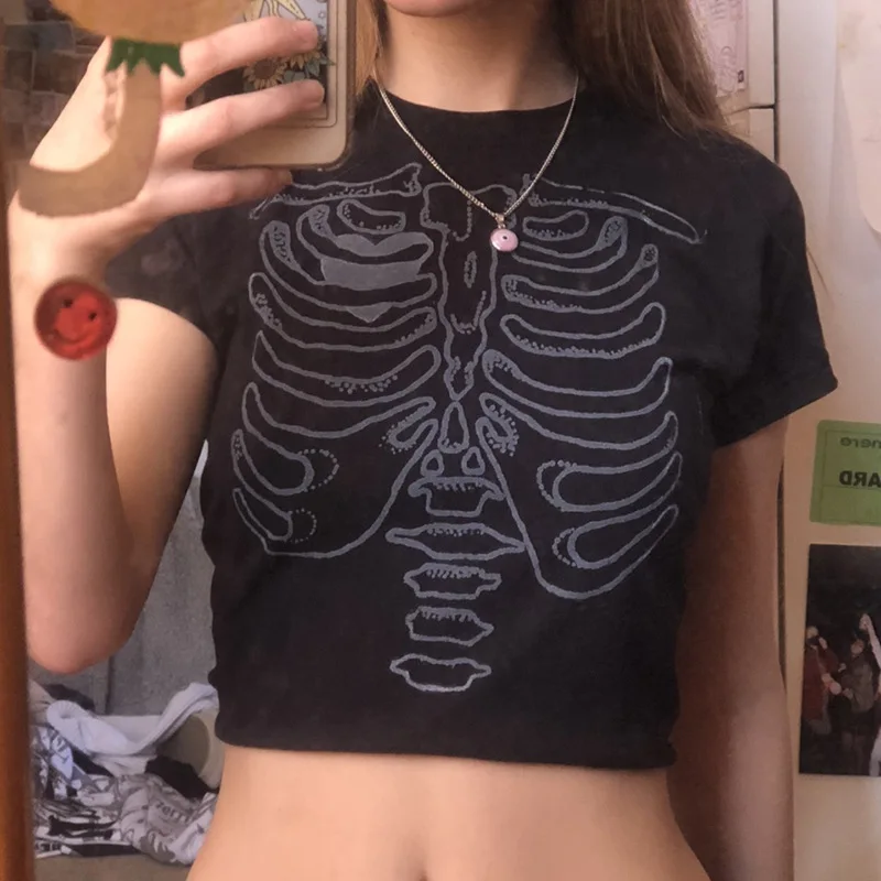 Y2k Aesthetic Gothic Skull Print Short Sleeve T-Shirt Punk Women's Streetwear Summer Slim Crop Top 90s vintage Grunge Fairy Tee |