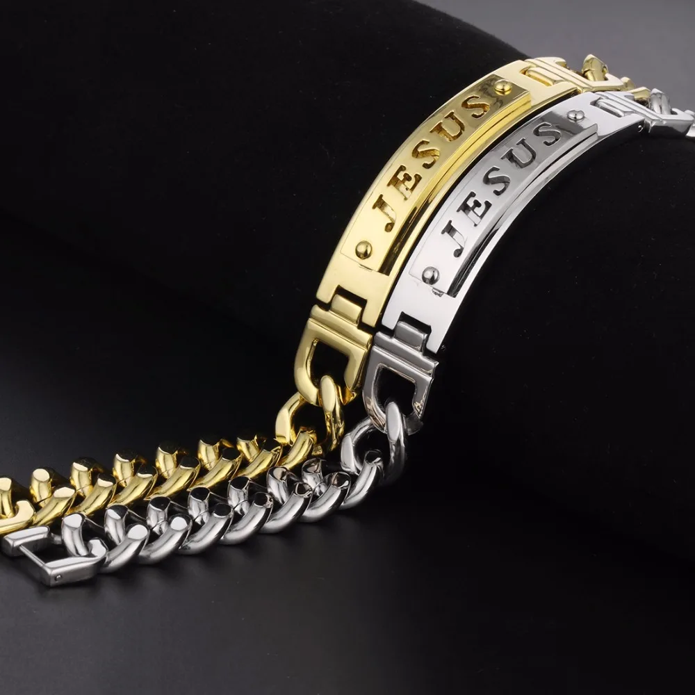 Men's Silver Stainless Steel Jesus Link Chain Bracelet