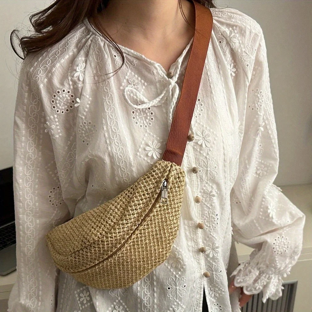 Womens Stylish Woven Chest Bag - Light Brown, Breathable Crossbody Phone Pouch, Versatile Waist Pack for Beach, Sports & Outings