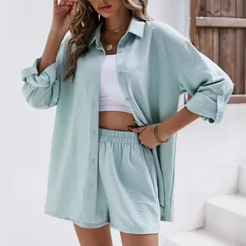 Fashionable Casual Suit Women's Clothing 2023 Spring Solid Color Lapel Long Sleeve Shirt High-Waisted Shorts Elastic Waist Skirt 1