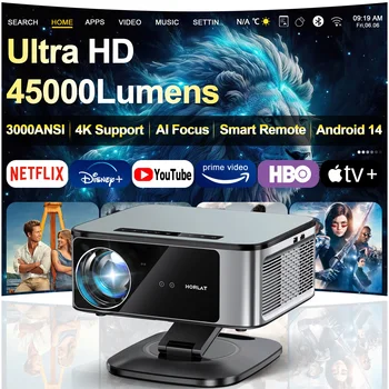 Proiettore HORLAT 2026 da 45000 Lumen 4K Ultra HD con messa a fuoco TOF, Android 14, WiFi 6, Full HD 1080P, per Home Theater e Film, perfetto anche per luce diurna