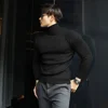 New Men's Turtleneck Sweaters Autumn Knitted Striped Streetwear Warm Long Sleeved Pullover Solid Color Basic Style Casual Tops 5
