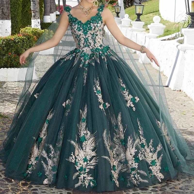 

Blackish Green Quinceanera Dresses Off Shoulder Ball Gown Sweet 16 Dress Beading Appliques Lace With Cape Birthday Party Gowns