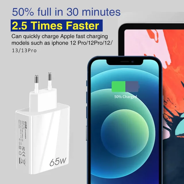 UYUXIO-Adaptateur de chargeur de téléphone 2 en 1, charge super rapide, Gan, 65W, Macbook, iPad, Samsung, iPhone 16, 15 Pro Max Plus, tous les téléphones 2