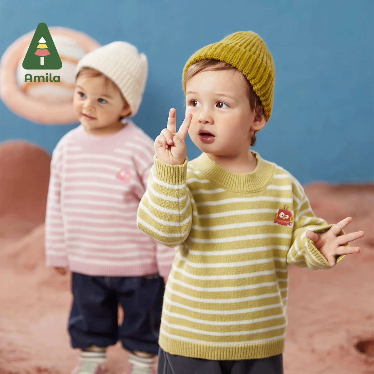 Amila Baby's Sweater Winter Striped Round Neck Fashion Warm Knit Sweater Boys Girls Casual Tops