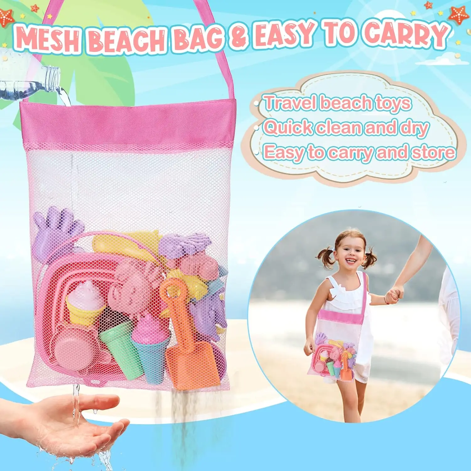 20pcs Beach Toys Set for Kids Toddlers Girls Collapsible Sand Bucket Shovels Set Mesh Bag Sand Molds Ice Cream Travel Sand Toys 5