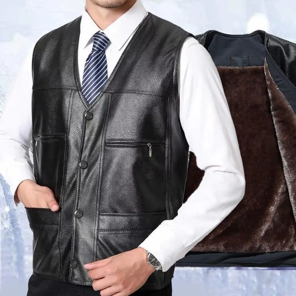 Men Fall Winter Vest Faux Leather Thick Plush V Neck Multi Pockets Sleeveless Single-breasted Warm Windproof Solid Color Mid-age