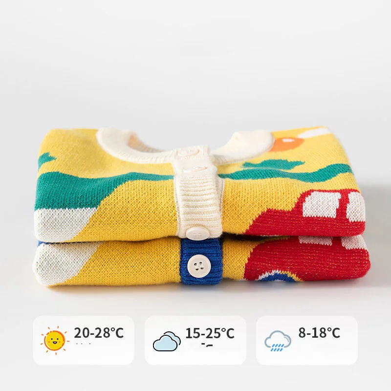 Spring Autumn Toddler Boys Knitwear Pit Striped Cartoon Car Baby Boys Sweater Woven Cotton Pastoral Style Little Waistwear