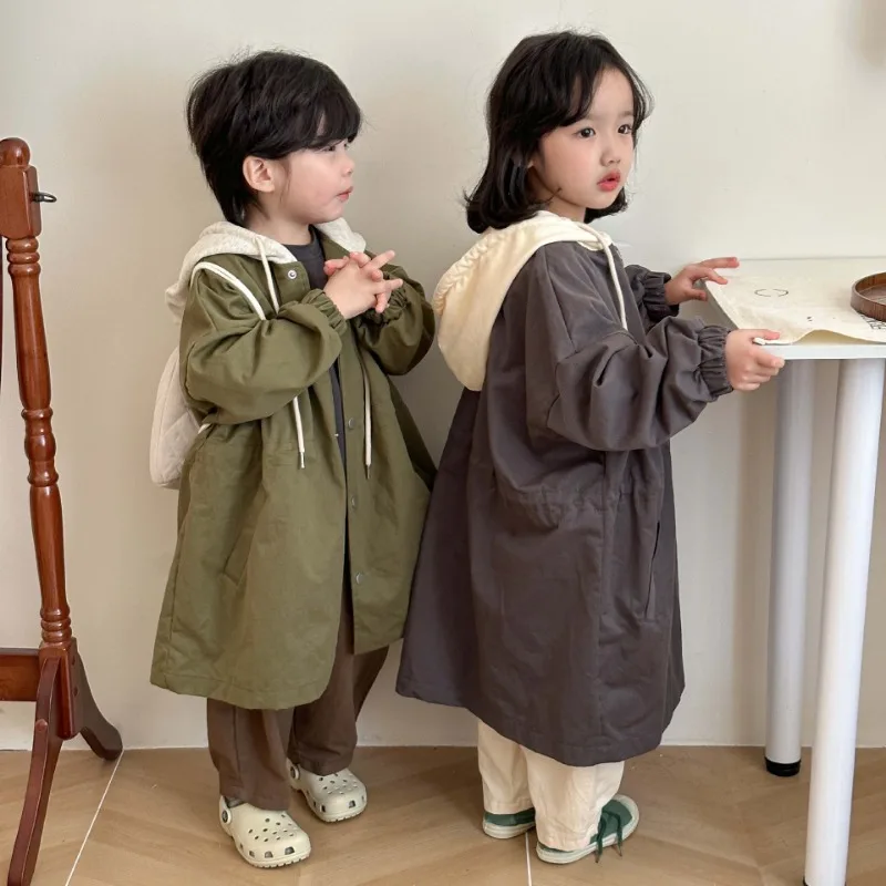 Spring Kids contrast color hooded trench jackets Boys and girls loose casual long style wind jackets