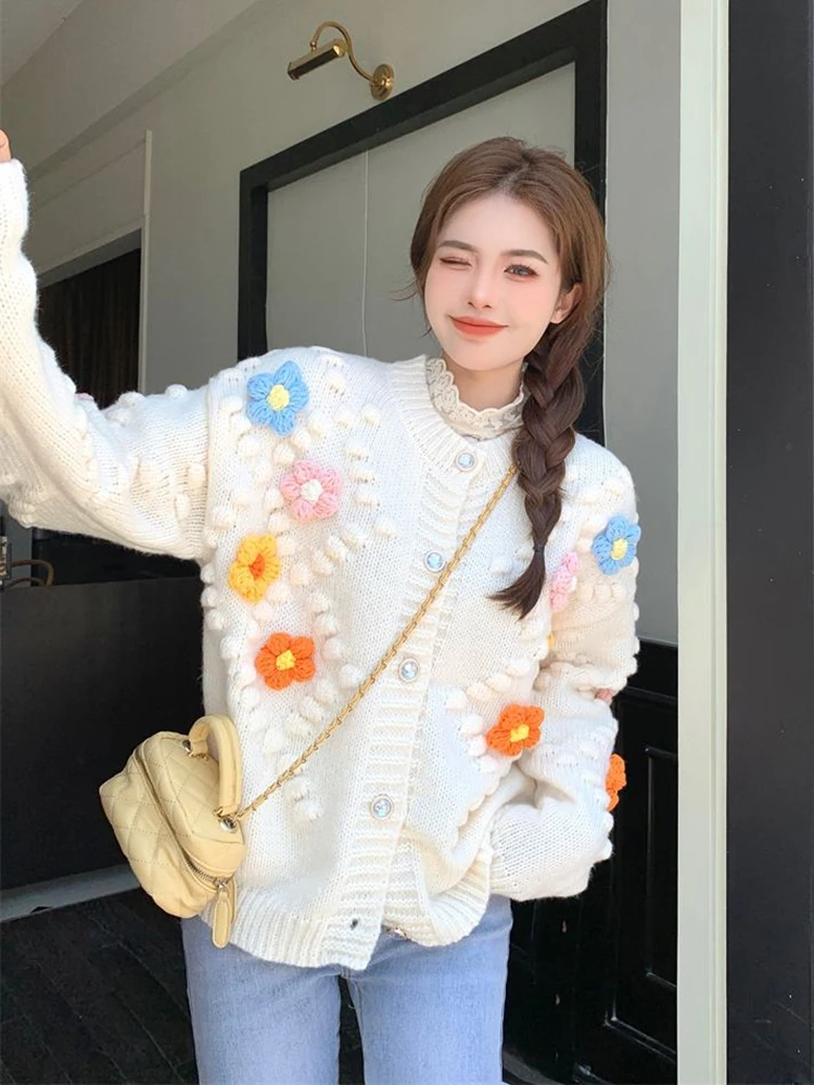 

Jmprs Elegant 3D Floral Cardigan Coat Women Korean Preppy Style Sweet Knitted Sweater Casual All Match Cute Single Breasted Tops