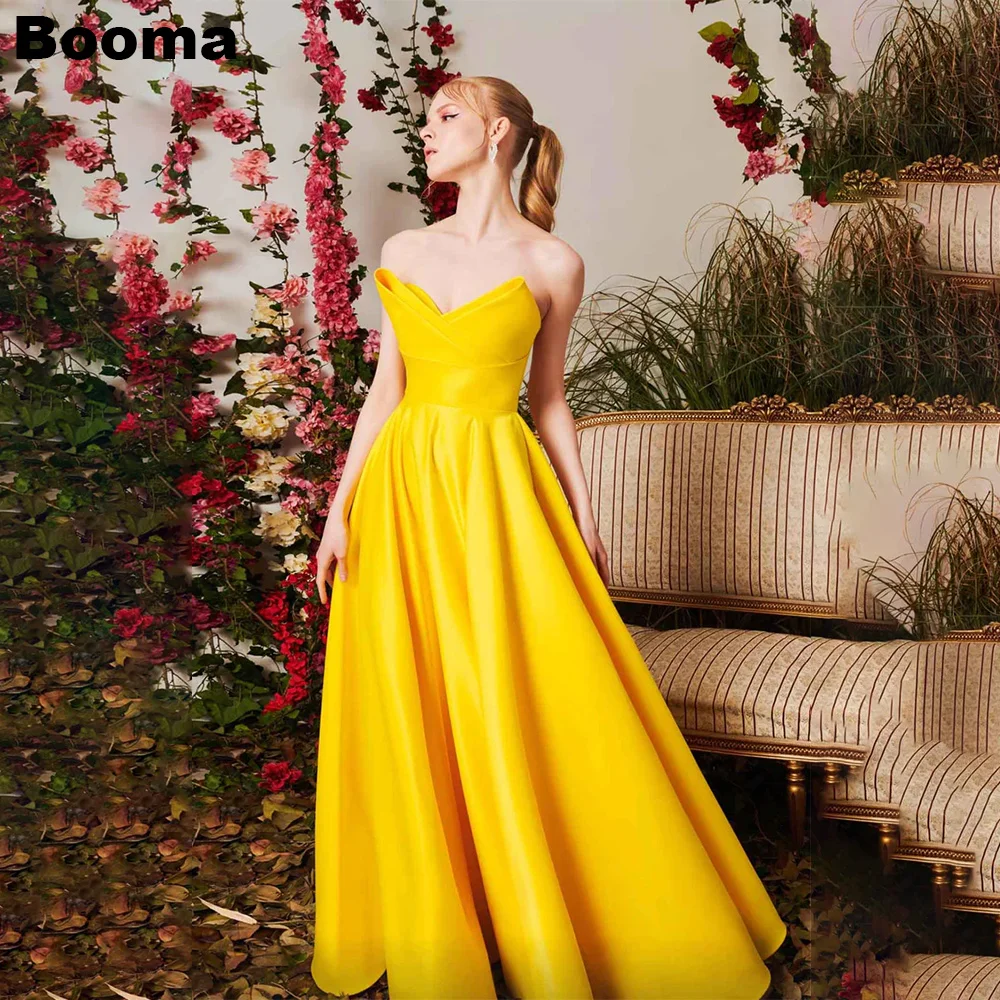 

Booma Yellow Simple A-Line Prom Dresses Pleats Stain Formal Occasion Dresses Long Party Gowns Elegant Evening Dress for Women