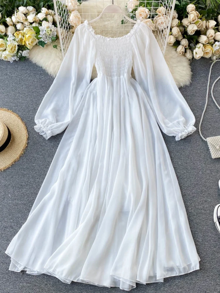 

New Spring Autumn Women Elegant Holiday Slash Neck Dresses Puff Sleeve Slash Neck Off Shoulder Smocked White Chiffon Dresses