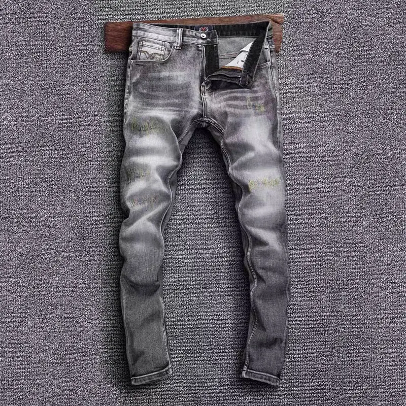 Street Fashion Vintage Men Jeans High Quality Retro Washed Blue Stretch Slim Fit Ripped Jeans Men Designer Denim Pants Hombre