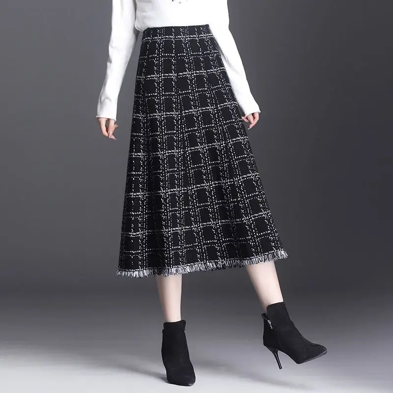 

Woman Houndstooth Plaid Vintage Woolen Skirt Femlae High Waist A-Line Mid-Calf Long s for Women Retro Elegant G842