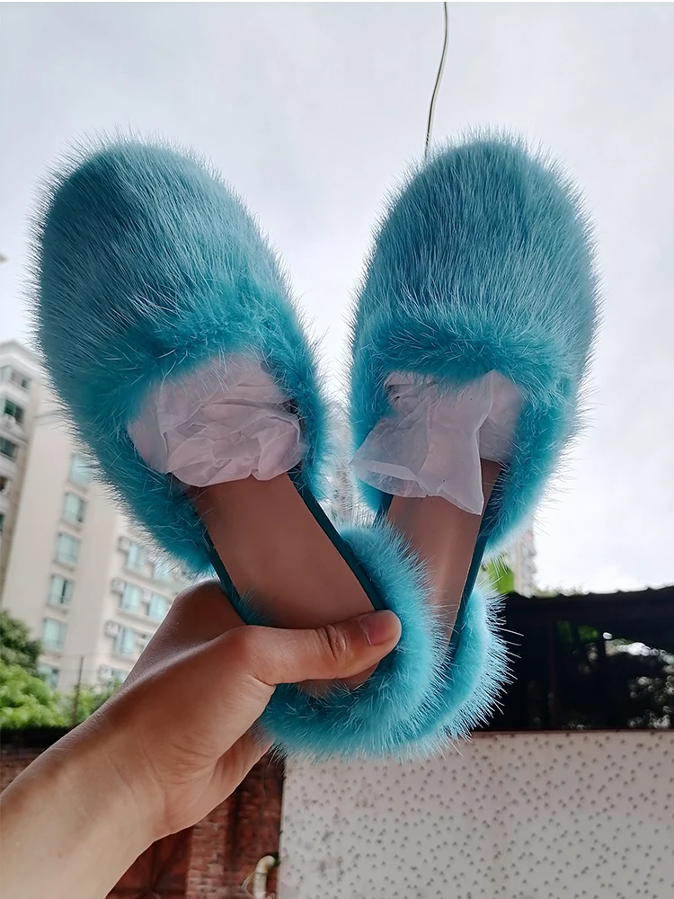 2023 Women's Fur Slippers 100% Real Mink Fur Slippers European Station  Ladies Fur Slides Flat Heel Fashion Luxury Slippers