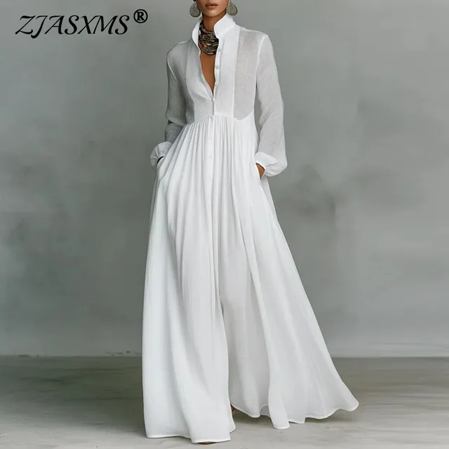 Robe longue trapèze française élégante, taille haute, poches solides, plissée, Maxi, manches longues, boutons, robe de soirée, printemps, automne 1