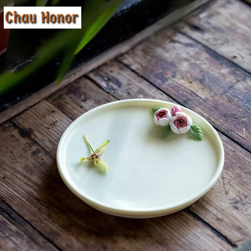 High-end Handmade Pinch Flowers Ceramic Round Tea Tray Handmade Household Chinese Kung Fu Tea Set Tea Ceremony Accessories Gift