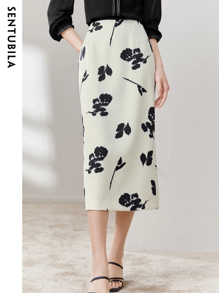SENTUBILA Elegant Floral Pencil Skirts for Woman 2023 Autumn Office Ladies Midi Slit Print Skirt Women Simple Clothing M33Q50195
