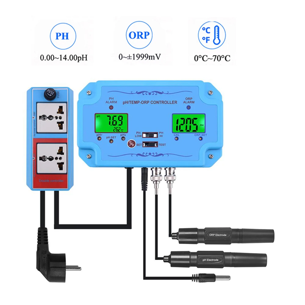 

3 in 1 PH ORP Controller Meter Water Quality Analyzer Replaceable BNC Probe Oxidation Reduction Potential Monitor