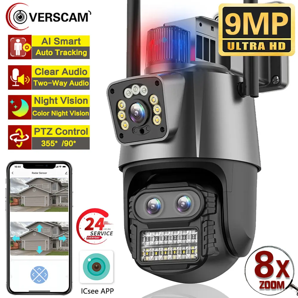 9MP WiFi Camera Outdoor Three Lens Dual Screen 8X Zoom Security Camera 4K 8MP Police Light Alarm Video Surveillance WiFi Cameras