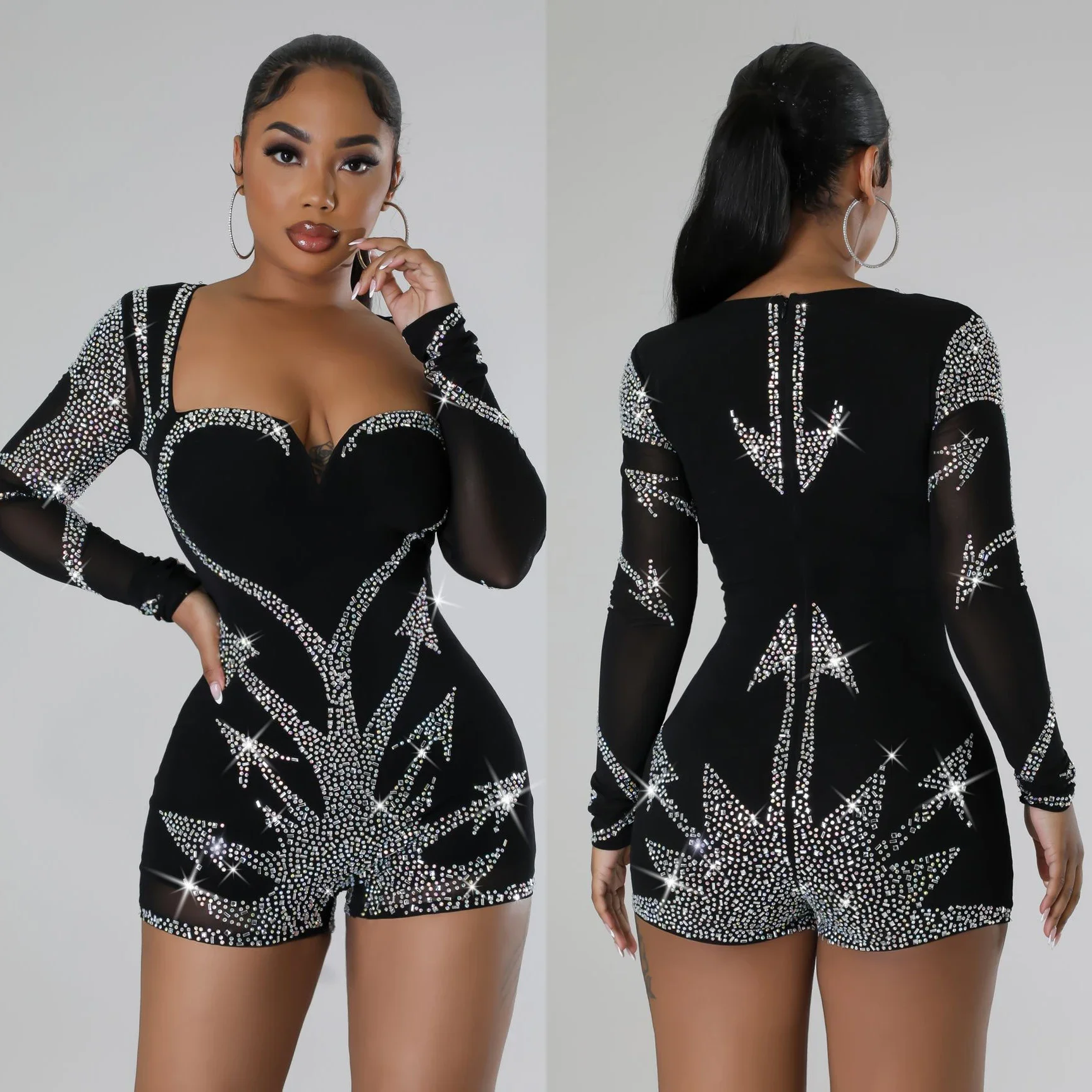Sexy Rhinestones Bodycon Short Jumpsuits Elegant Rompers 2023 Winter Fall Clothes Women One Piece Pink Bodysuit Playsuits Outfit