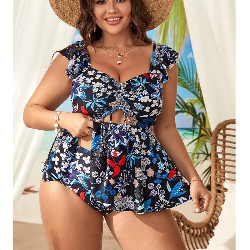 

2024 New Summer Plus Size Swimwear Female Large Swimsuits Tankini Sets Beach Wear Two-Piece Bathing Suits Sports Pool Women