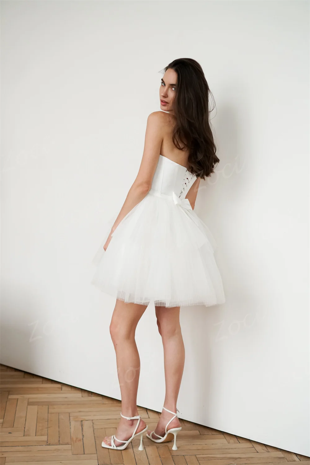 Zoci Simple Strapless White Short Wedding Dresses Sleeveless Tulle Corset Bride Dress Customized vestidos de novia Wedding Gown 5