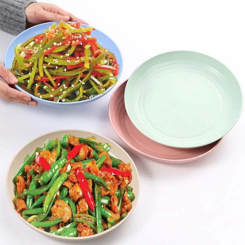 Assiettes rondes en paille de blé de couleur unie, assiettes à salade, Dessert, dîner, réutilisables, passe au micro-ondes, Anti-chute et incassables, assiettes à fruits