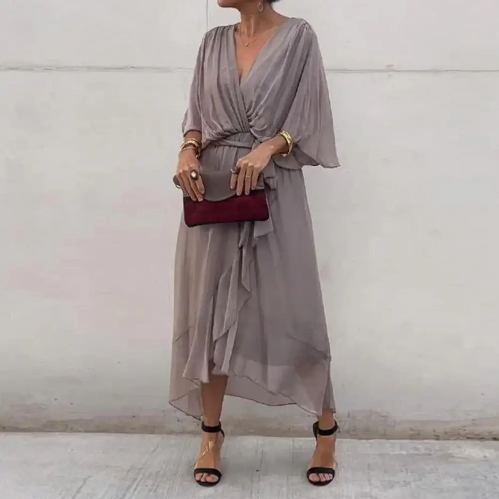 

Spring V Neck Loose Long Irregular Dress Women Sexy Lace-up Pleated Bohemian Dress Summer Batwing Sleeve Solid A-Line Maxi Dress
