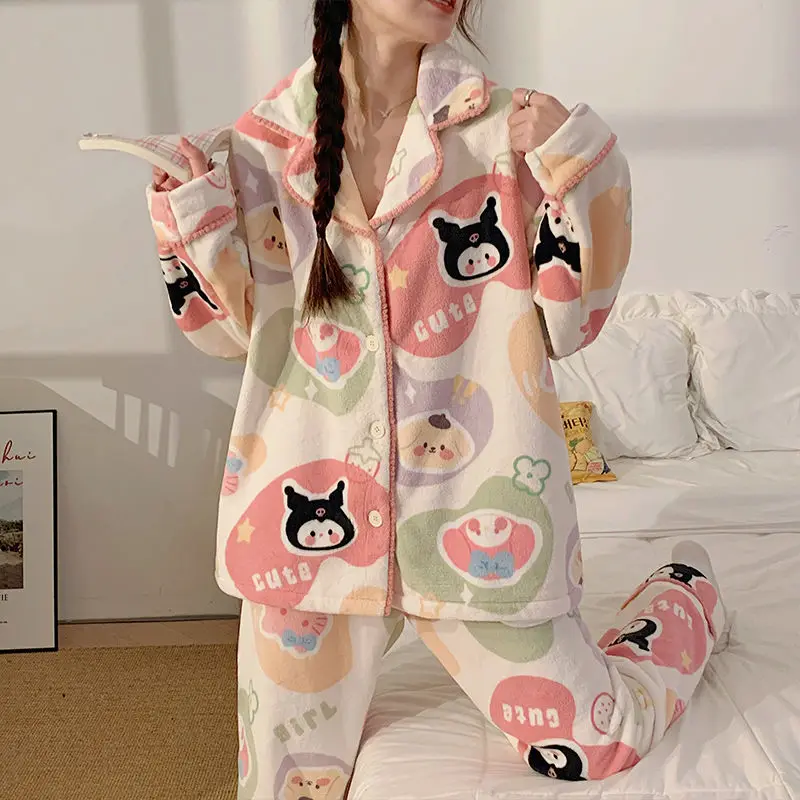 

Sanrio Anime Hello Kittys Kuromi Pochacco Plush Pajamas Kawaii Fall and Winter New Thickened Coral Flannel Homewear Girls Gift
