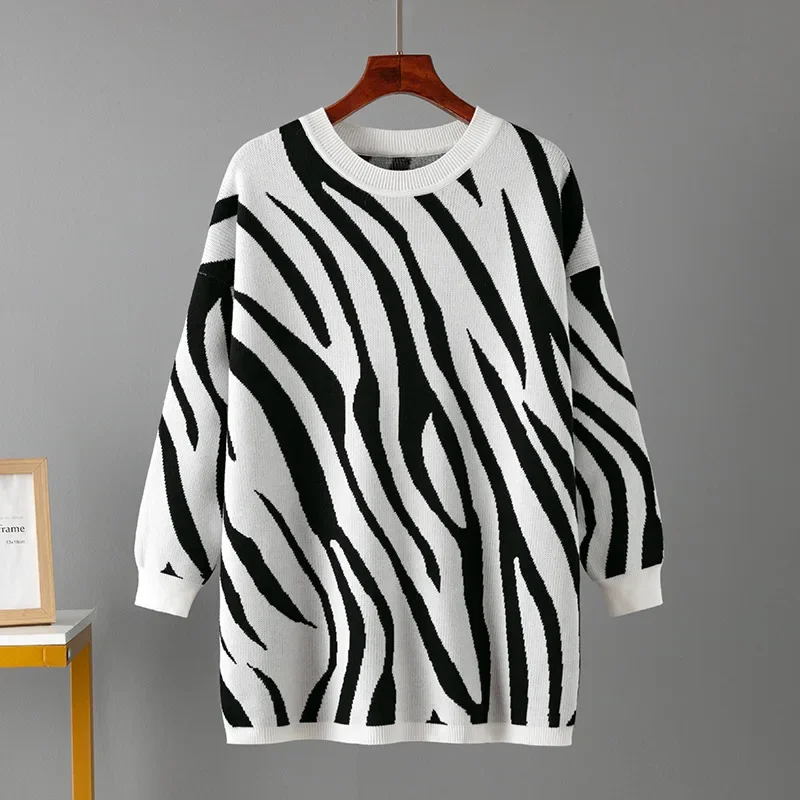 

Zebra Print Knit Jumpers Crew Neck Pullovers Korean Fashion Jacquard Puentes Comfortable Casual Elegant Commuter Jackets LJ134
