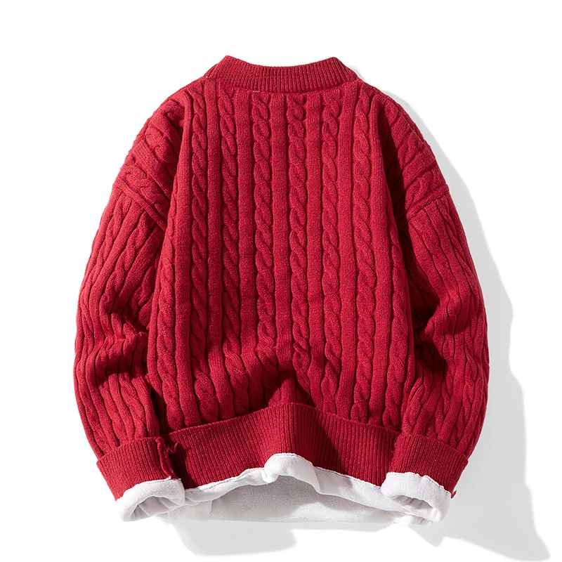 Men's Round Neck Fake Two Pieces Sweaters Winter Casual Thick Twists Solid Color Long Sleeve Pullover Loose Knitted Bottom Tops