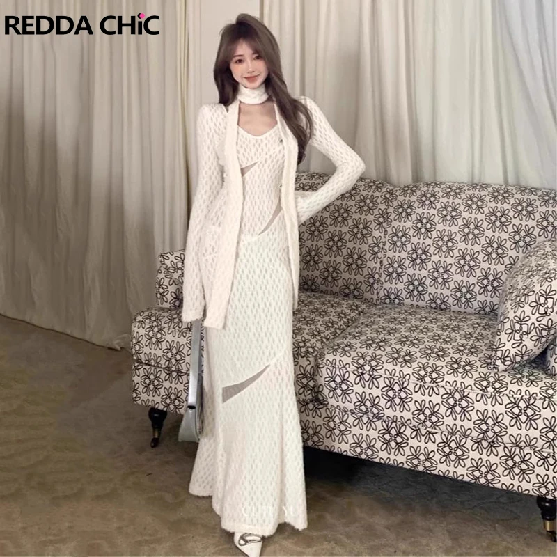 

Женское ажурное вязаное платье-годе REDDACHiC, белое плюшевое жаккардовое платье ретро с длинным рукавом и шарфом, красивое элегантное цельное платье