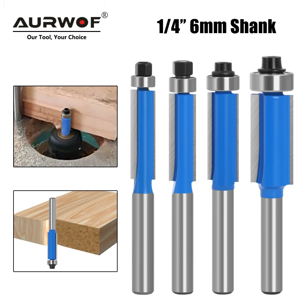 

AURWOF 1pc 6mm 1/4 Shank High-quality Milling Cutter Flush Trim With Bearing Router Bit Set For Woodworking H06016 H07016