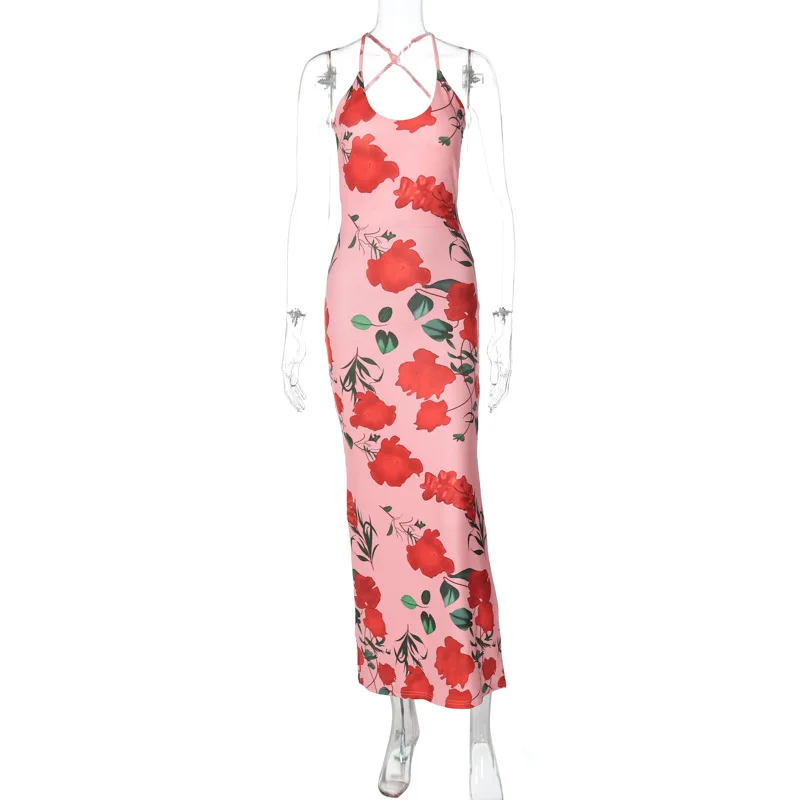 Vestido de moda con espalda descubierta y estampado para mujer, estilo vendaje, ajustado, elegante, de fiesta, con cordones, sexy, largo, para verano 2025