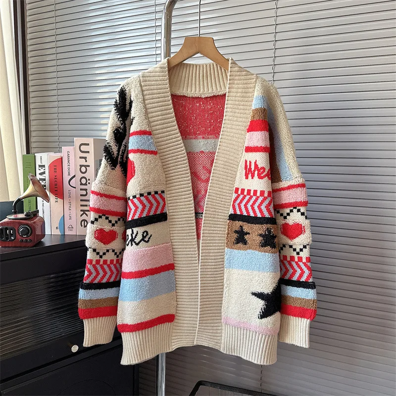 

gentle retro Jacquard cardigan for women striped knit sweater coat lady loose fashion outside jumper 여성 반팔 니트