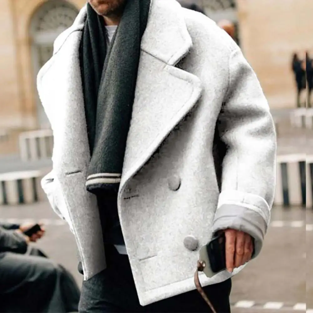 

Men Woolen Coat Stylish Men's Double Breasted Winter Coat Lapel Long Sleeve Outwear with Pockets Solid Color Warm Woolen