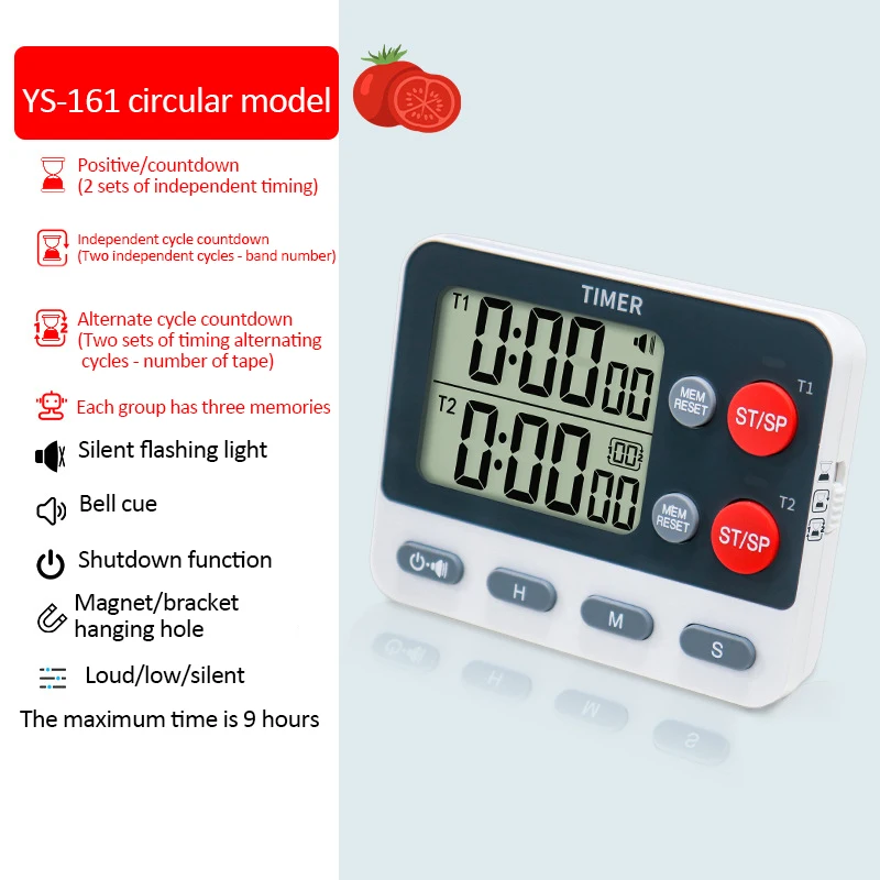 Digital Kitchen Timer 3 Storage Memories Timer Dual groups Independent/Alternating cycle timing Alarm Clock Mute Flashing Timer 5