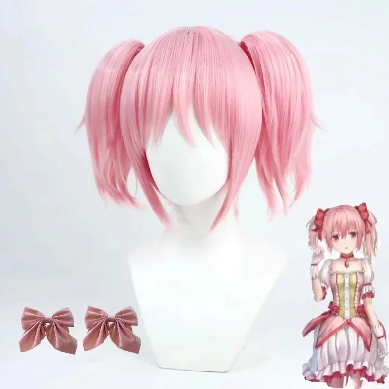 

Puella Magi Madoka Magica Madoka Kaname Cosplay Wigs Pink Short 2 Clip Ponytails Heat Resistant Synthetic Hair Wig + Wig Cap