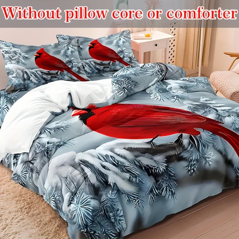 3Pcs Red Bird Winter Snow Duvet Cover Set, Ultra Soft Comfortable Breathable Bedding with Pillowcases, Animal Theme for Bedroom